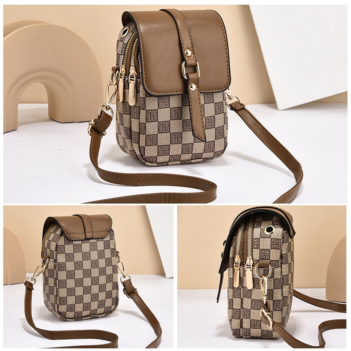 PALAY Sling Bag for Women with Multi Layered Design and 5×2.75×7.8 in Size | Brown PU Leather Crossbody Phone Purse