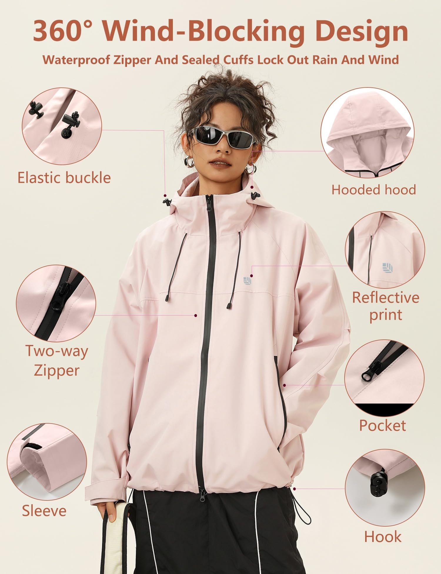 Venzina Women's Waterproof Jacket for Travel and Commuting featuring 75D Fabric | Windproof Hooded Coat in Pink
