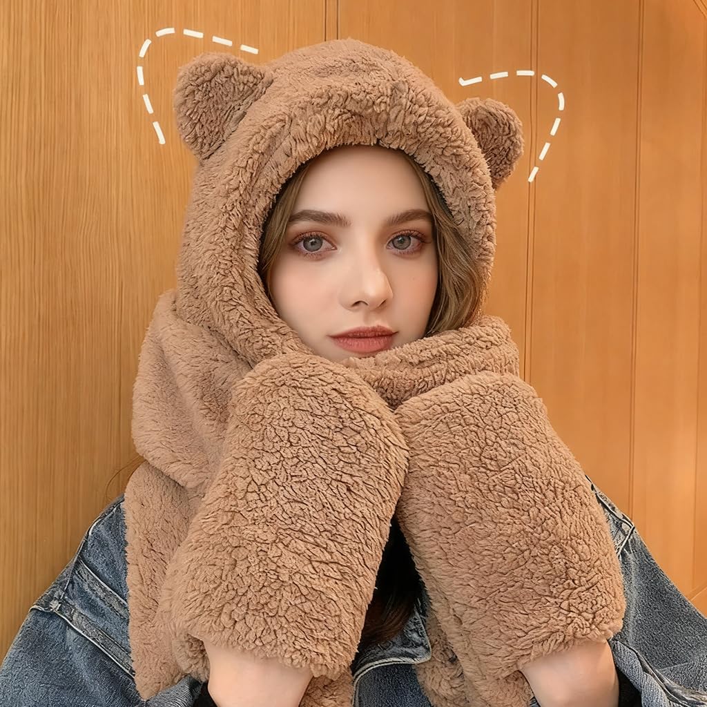 SANNIDHI Winter Cap for Women featuring Bear Ear Scoodie with Fleece Scarf and Gloves | Cozy Gift