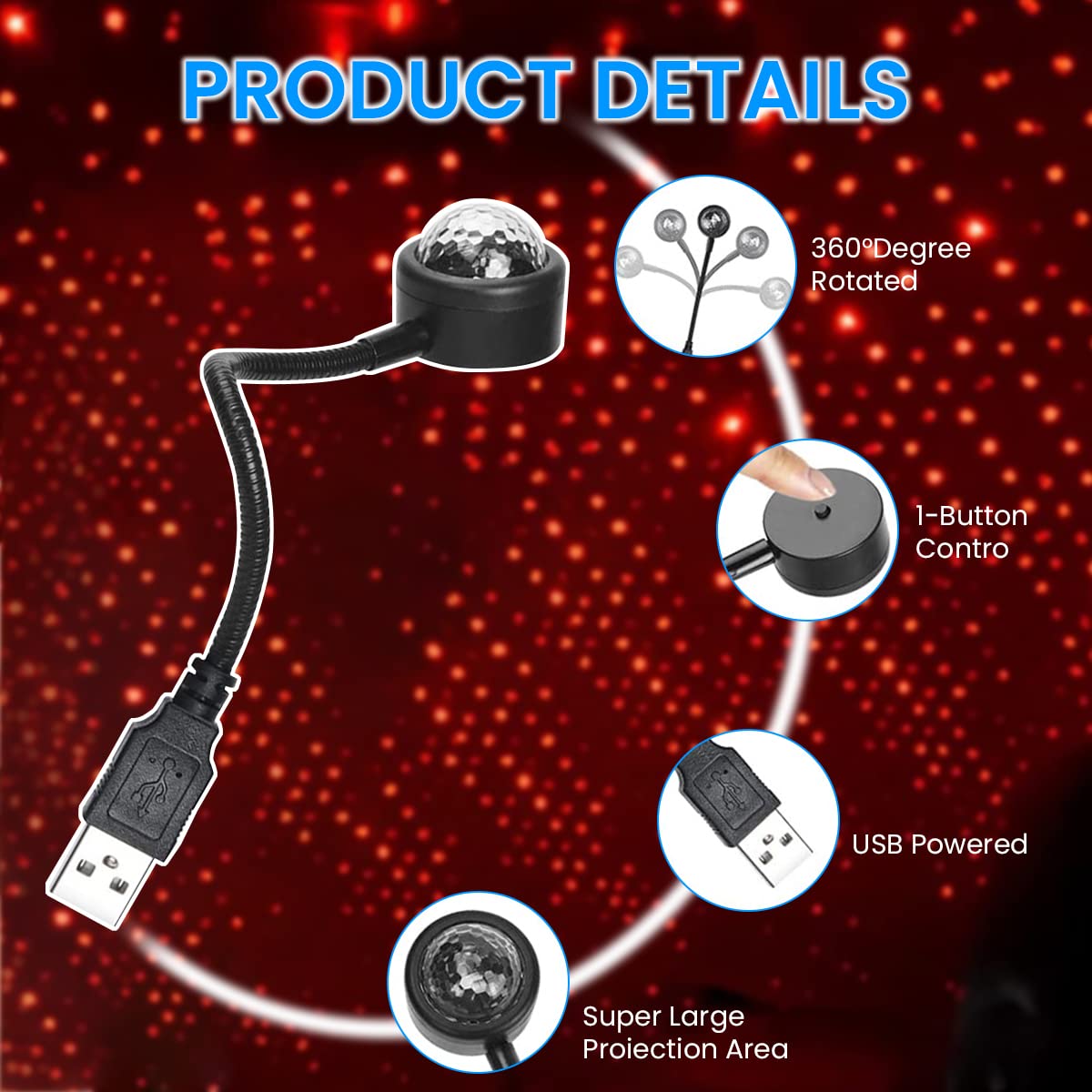 LED Car Atmosphere Light for Interior and Party Use with 9 Lighting Modes and 360° Rotation | USB Plug and Play RGB Mini Lamp