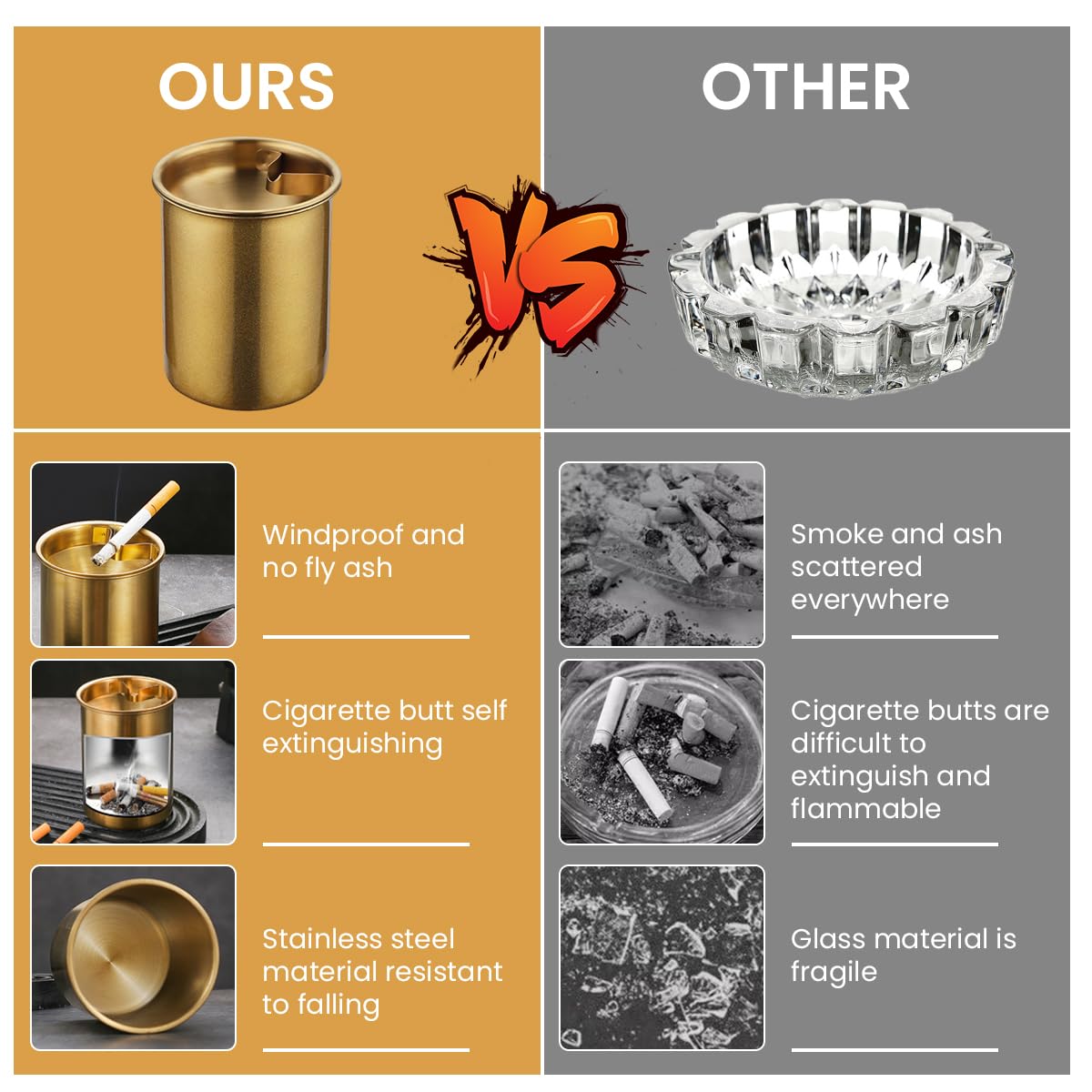 HASTHIP Car Ash Tray for Home Office and Car with Funnel Lid & Cigarette Holder | 3.9 in Golden Stainless Steel