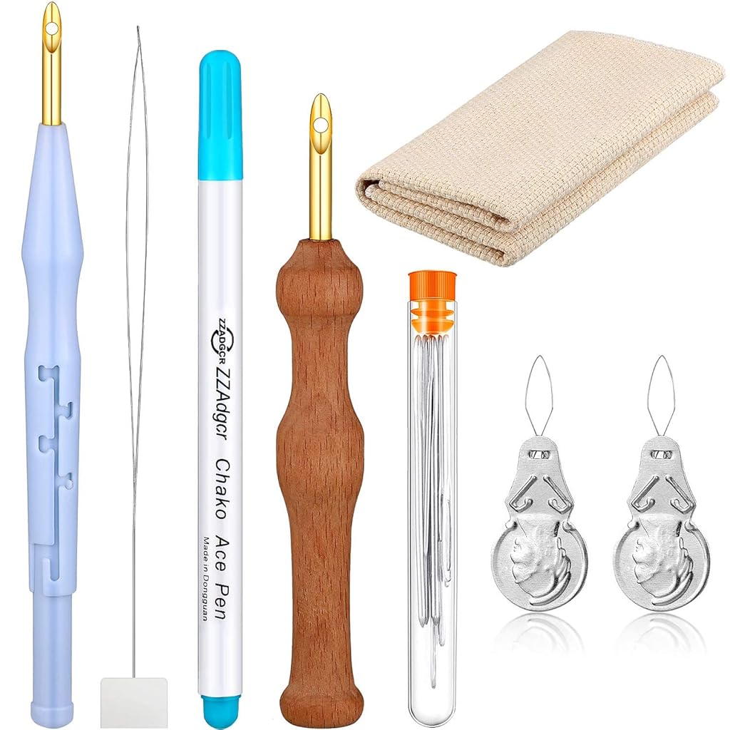 HASTHIP® 17 Pieces Fullset Punch Needle Embroidery Starter Kits Rug Punch Needle Tool Threader Fabric Embroidery Hoop Yarn Punch Needle for Beginner