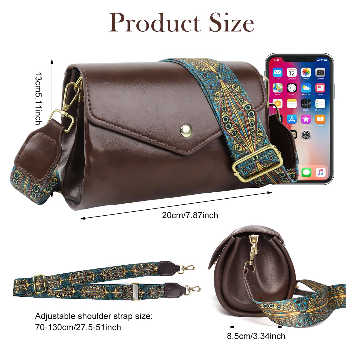 PALAY® Shoulder Bag for Women Crossbody Bag Vintage Brown PU Shoulder Bag Evening Bag Print Wide Shoulder Belt Design Snap-on Closure Multi Compartment Casual Shoulder Bag, 19x13x12cm