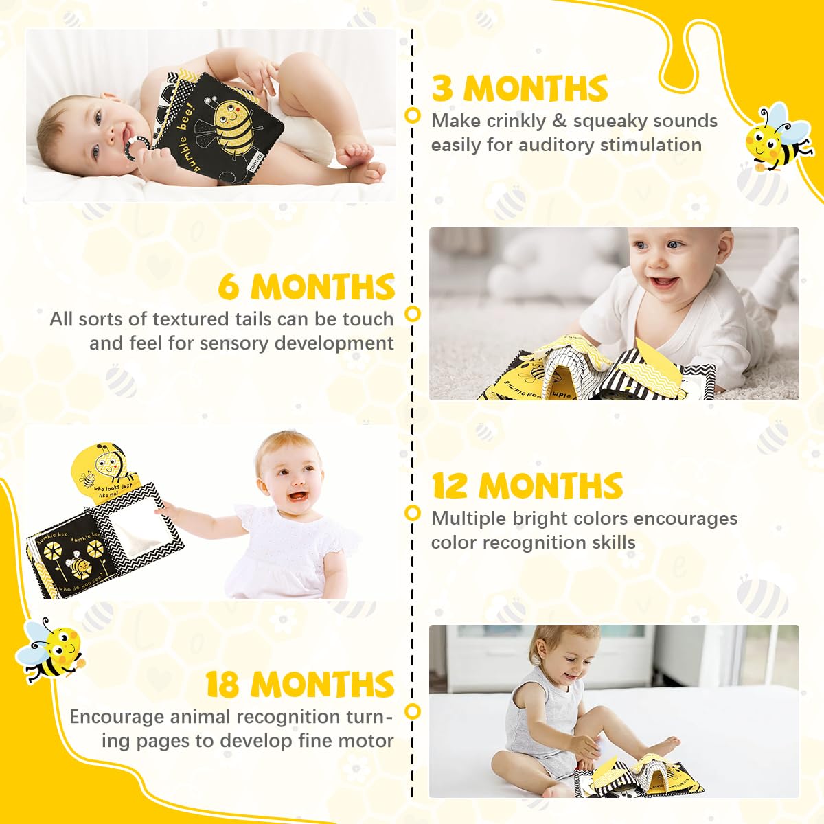 SNOWIE SOFT Cartoon Bee Cloth Books for Babies with Mirror and Crinkle Pages | 2 PCS Washable Non-Toxic Sensory Toy