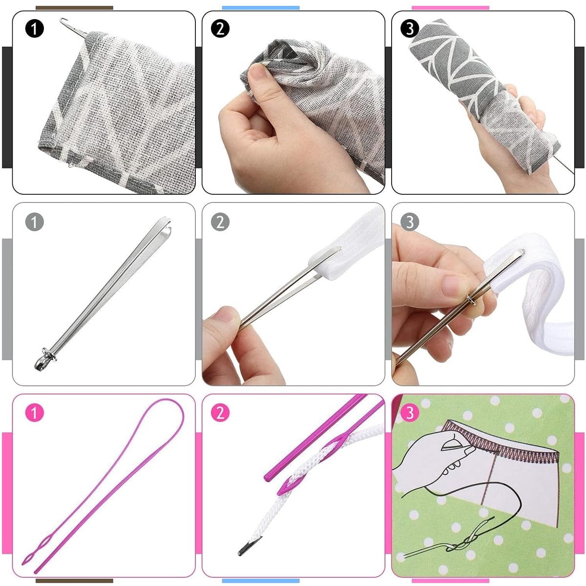 HASTHIP Drawstring Threader Tool Set for Sewing and Crafts with 8 Pcs 22cm Metal Hooks | Stainless Steel Loop Turner and Flexible Plastic Threader