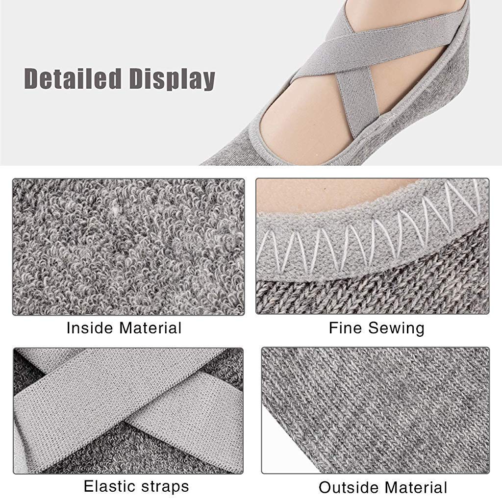 PROBEROS Women Yoga Ankle Socks for Pilates and Barre with Elastic Straps and Silicone Grips | 2 Pairs Cotton Black and Gray