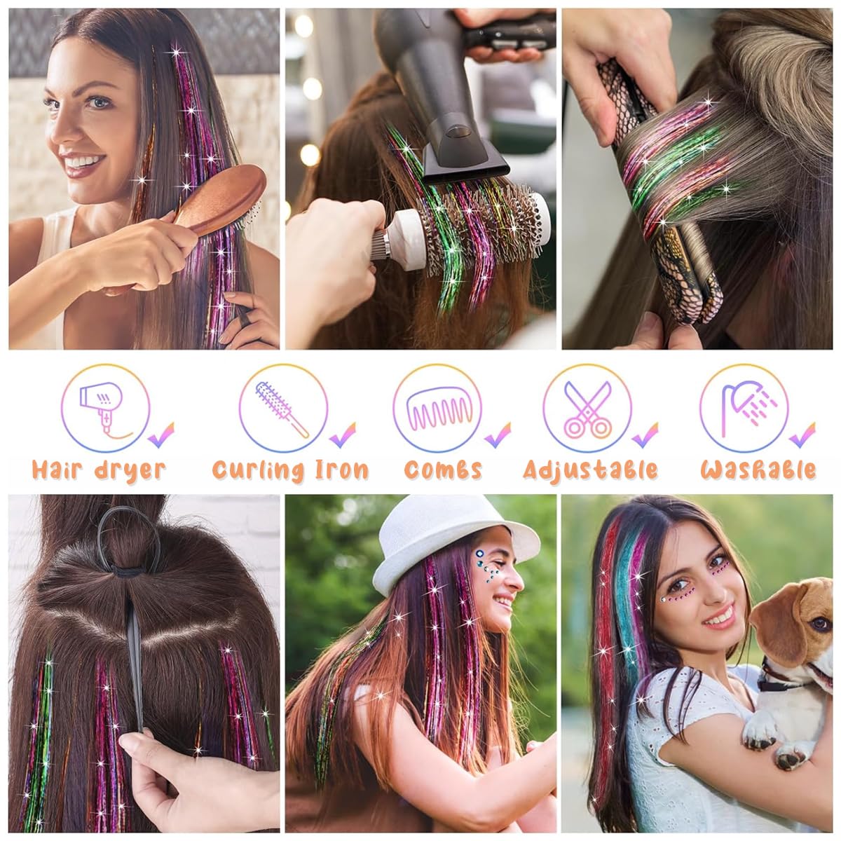 MAYCREATE® Glitter Tinsel Hair 47'' Glitter Hair Tinsel Clip 12 Color Shiny Glitter Hair Tinsel Kit Extensions with Tools for Women Girls Party, Festival, Music Festival