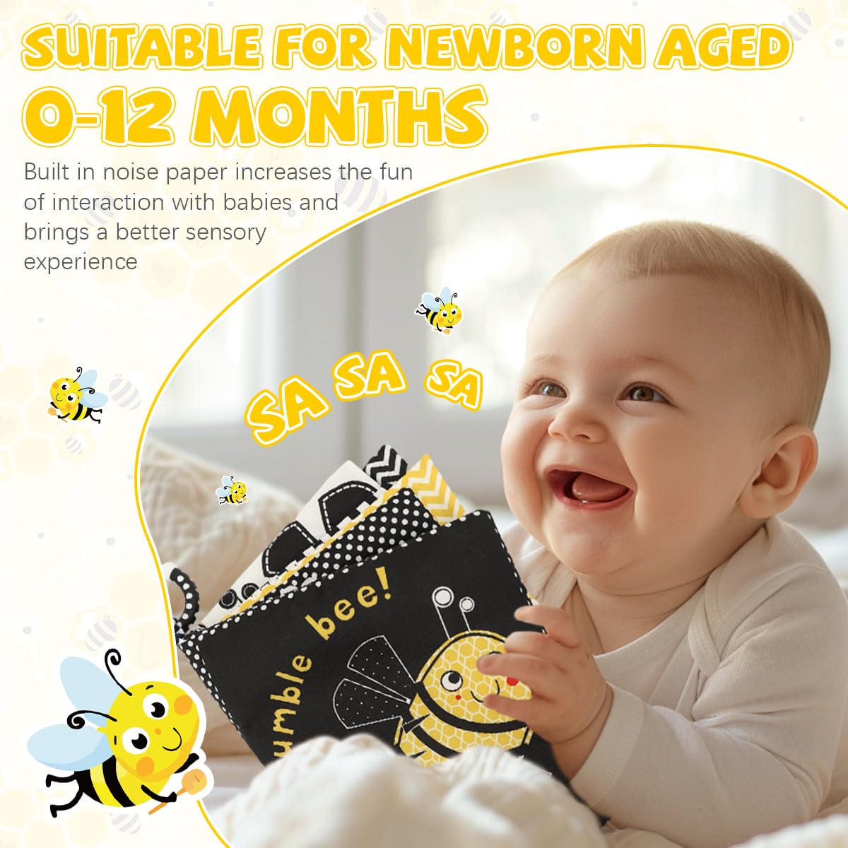 SNOWIE SOFT Cartoon Bee Cloth Books for Babies with Mirror and Crinkle Pages | 2 PCS Washable Non-Toxic Sensory Toy