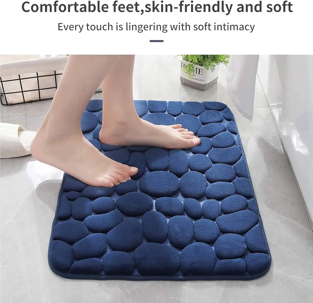 HASTHIP® Bathroom Floor Mat, Non-slip Toilet Mat, Water Absorbent Soft Memory Foam Bath Mat Fashion Dark Blue 3D Pebble Pattern Bathroom Quick Dry Floor Mat, 40x60cm