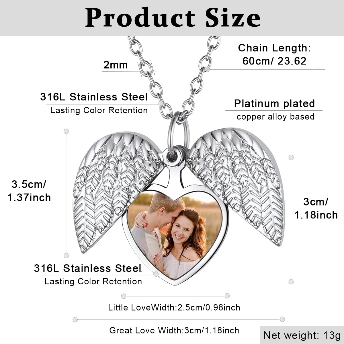 SANNIDHI Heart-shaped Locket Necklace for Women Men, Angle's Wing Engraved Necklace, Vintage Personalized Photo Lockets for Loved Ones/Friends/Families Gifts