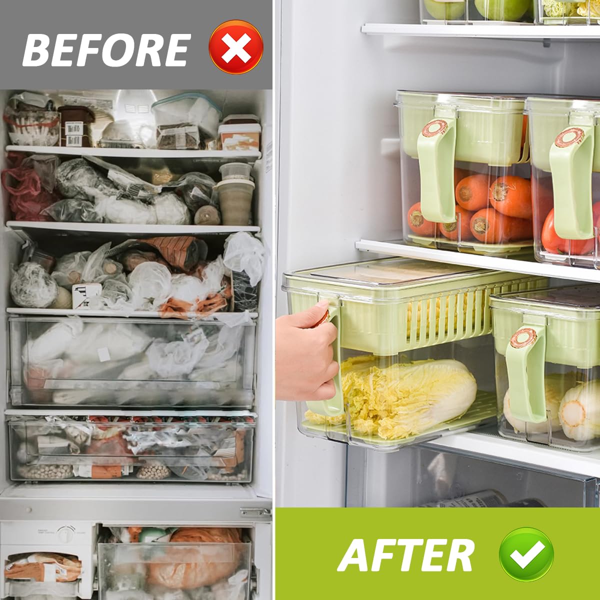 ZIBUYU Fridge Storage Containers for Kitchen Organization with Removable Draining Tray 29.5x16.5x16.5 cm | BPA Free Transparent Food Boxes