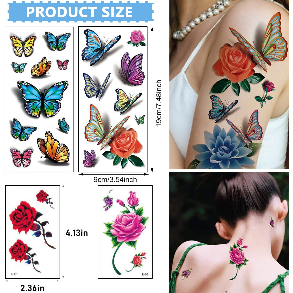 MAYCREATE® 40 Sheets Waterproof Temporary Tattoos Sticker for Women Color Flowers Tattoo Sticker Temporary Tattoos Stickers Roses Butterflies Assorted Tattoo Sticker for Arm Multi