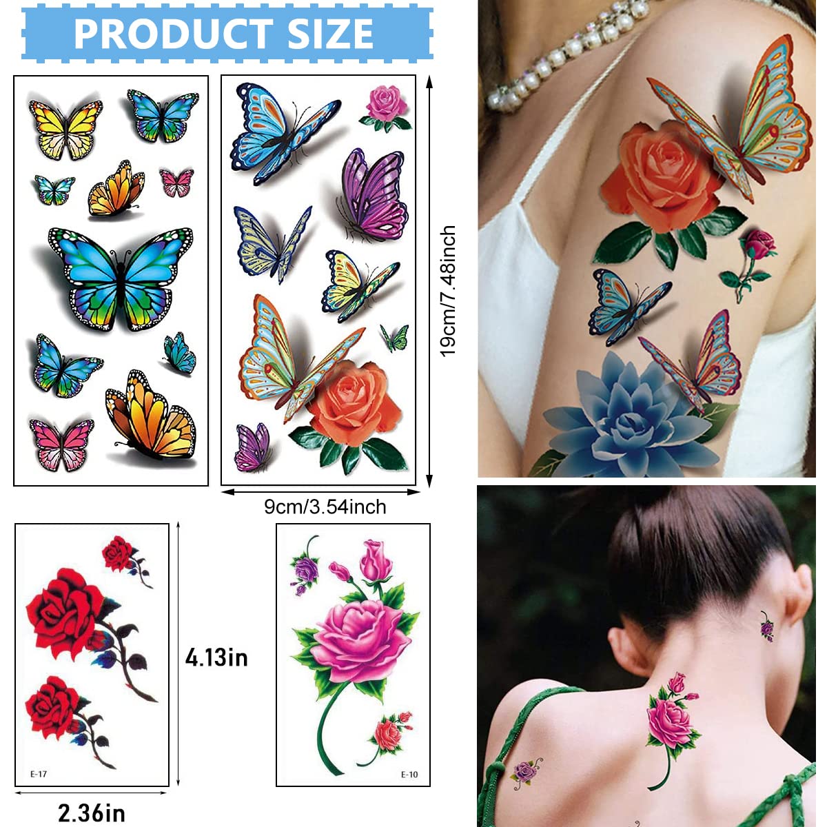 MAYCREATE 40 Sheets Waterproof Temporary Tattoos Sticker for Women Color Flowers Tattoo Sticker Temporary Tattoos Stickers Roses Butterflies Assorted Tattoo Sticker for Arm Multi