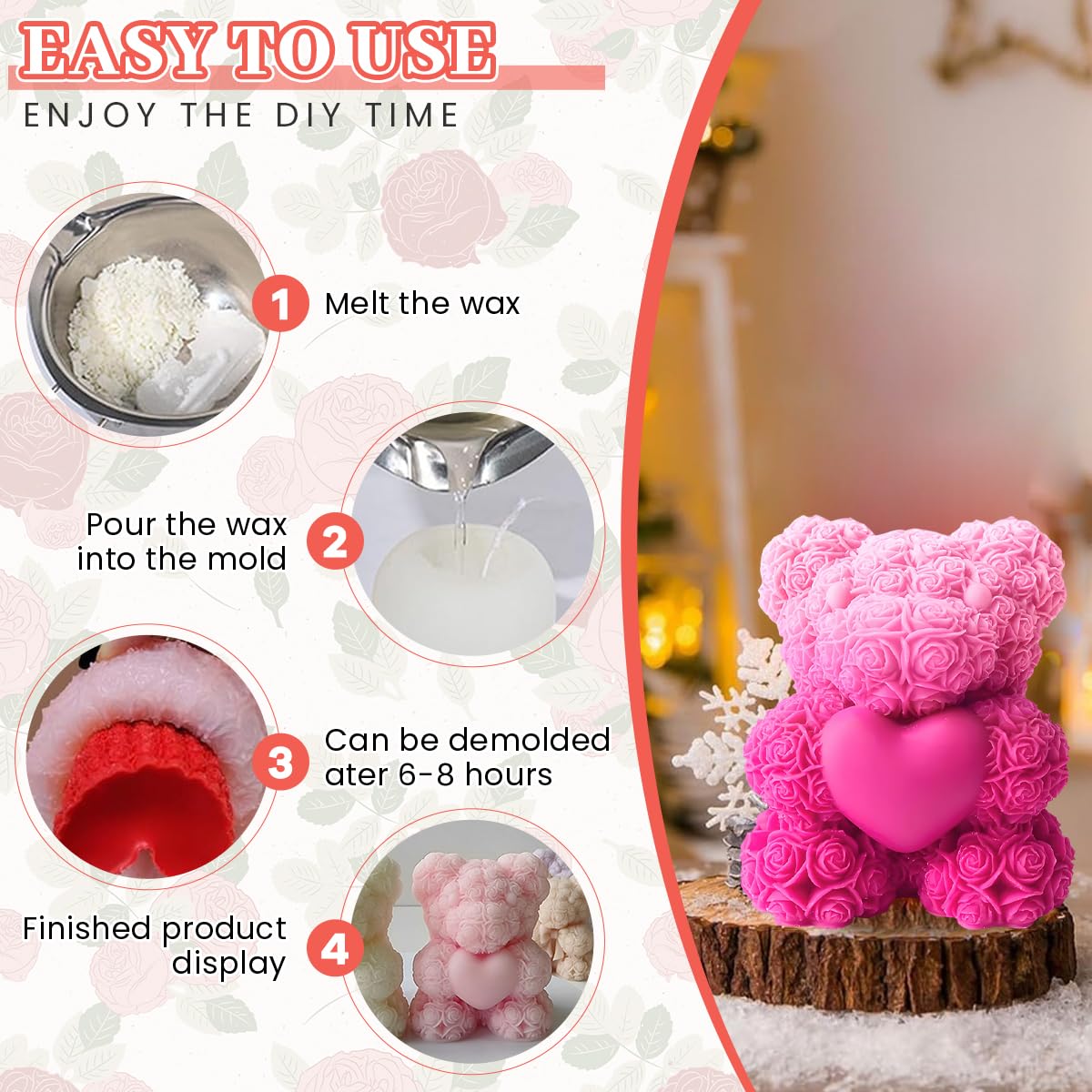 HASTHIP 3D Rose Bear Candle Molds for DIY Soap and Resin Crafts with Non Stick Silicone | Ideal for Gifts and Home Decor