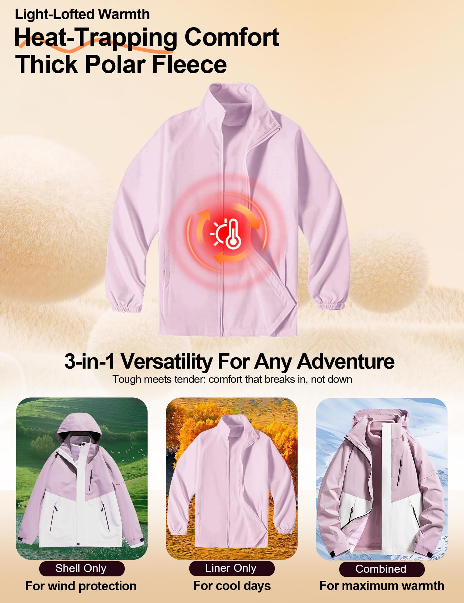 Venzina Women's 3 in 1 Waterproof Jacket for Hiking and Winter with Detachable Fleece Liner | Purple