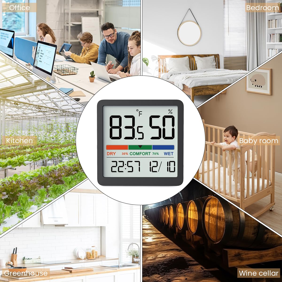 HASTHIP Digital Temperature Humidity Meter for Home featuring Magnetic Back Design | LCD Hygrometer with Time Display and 93×75 mm Compact Body