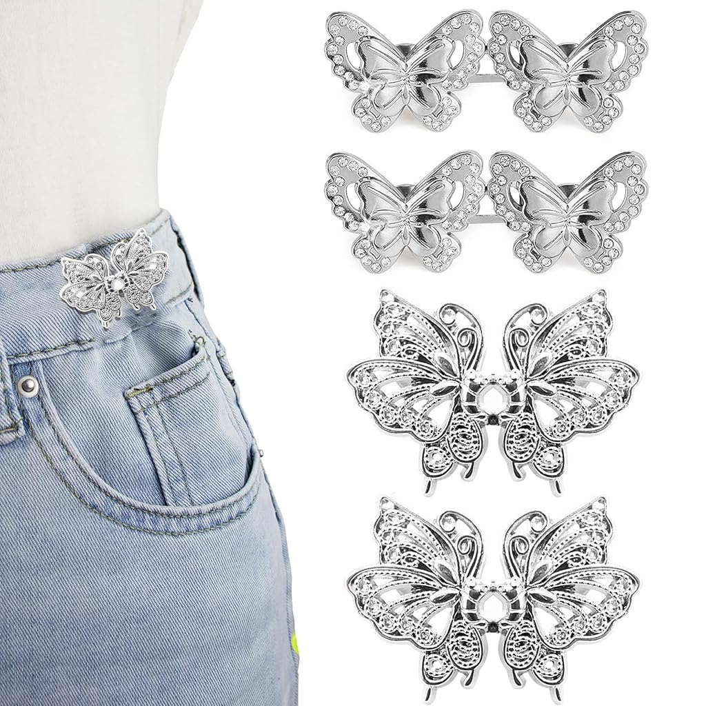 ZIBUYU Jeans Adjustable Button Pins for Waist Size Adjustment featuring Butterfly Design | 4 Pairs Alloy No Sewing Pins for Jeans and Skirts