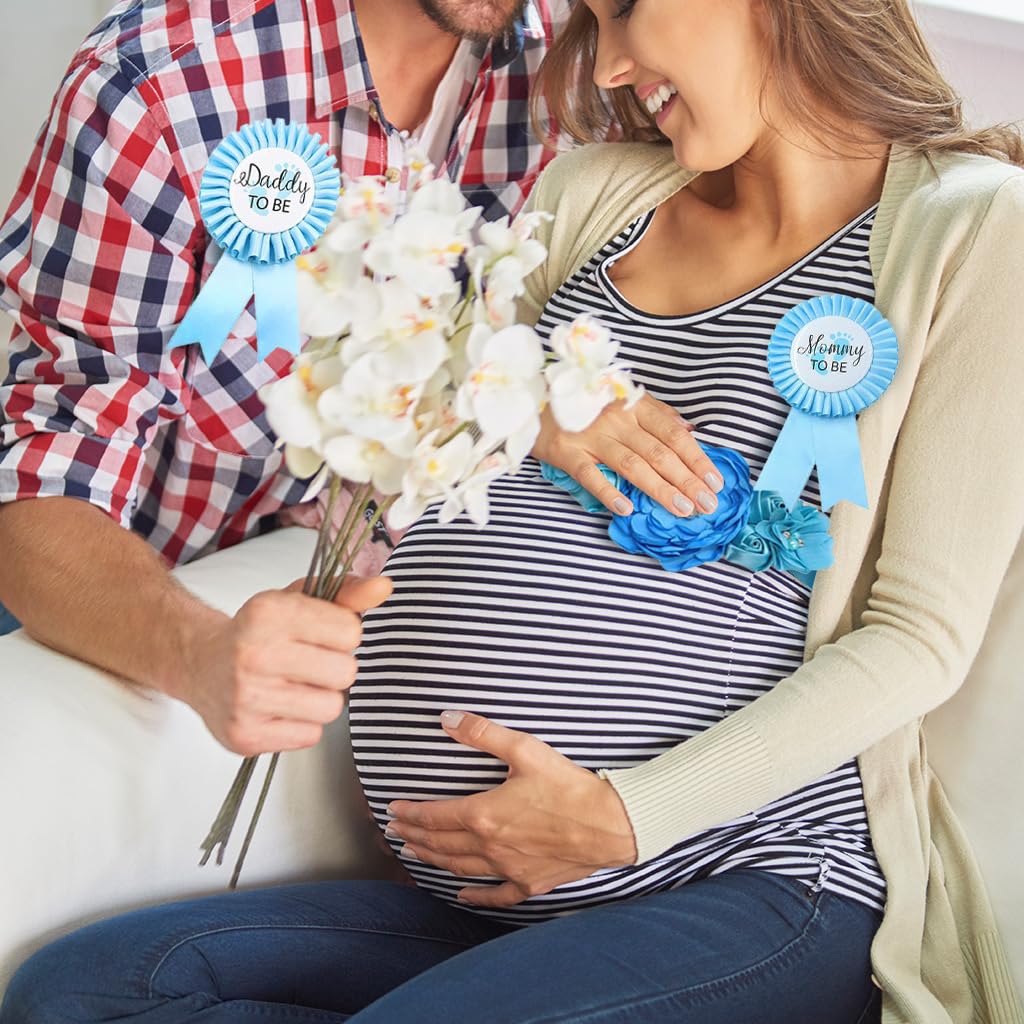 PALAY Mom to Be Flower Sash Set for Baby Shower with 70 in Belt and Blue Chiffon Flowers | Daddy to Be and Mommy to Be Pins