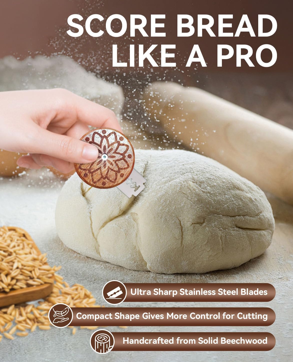 Supvox Bread Lame Cutter Set for Homemade Sourdough with Mandala Wooden Handle and 5 Blades | Ideal for Artisan Bakers