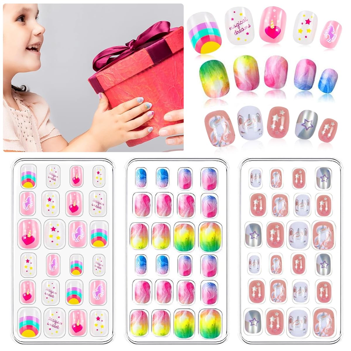 MAYCREATE® 72pcs Kids Press-On Gel Nails Cute Cartoon False Nail Press on Fake Nails Full Cover Press On False Nails for Girls Party Favor Gift Press-on Nail for Girls