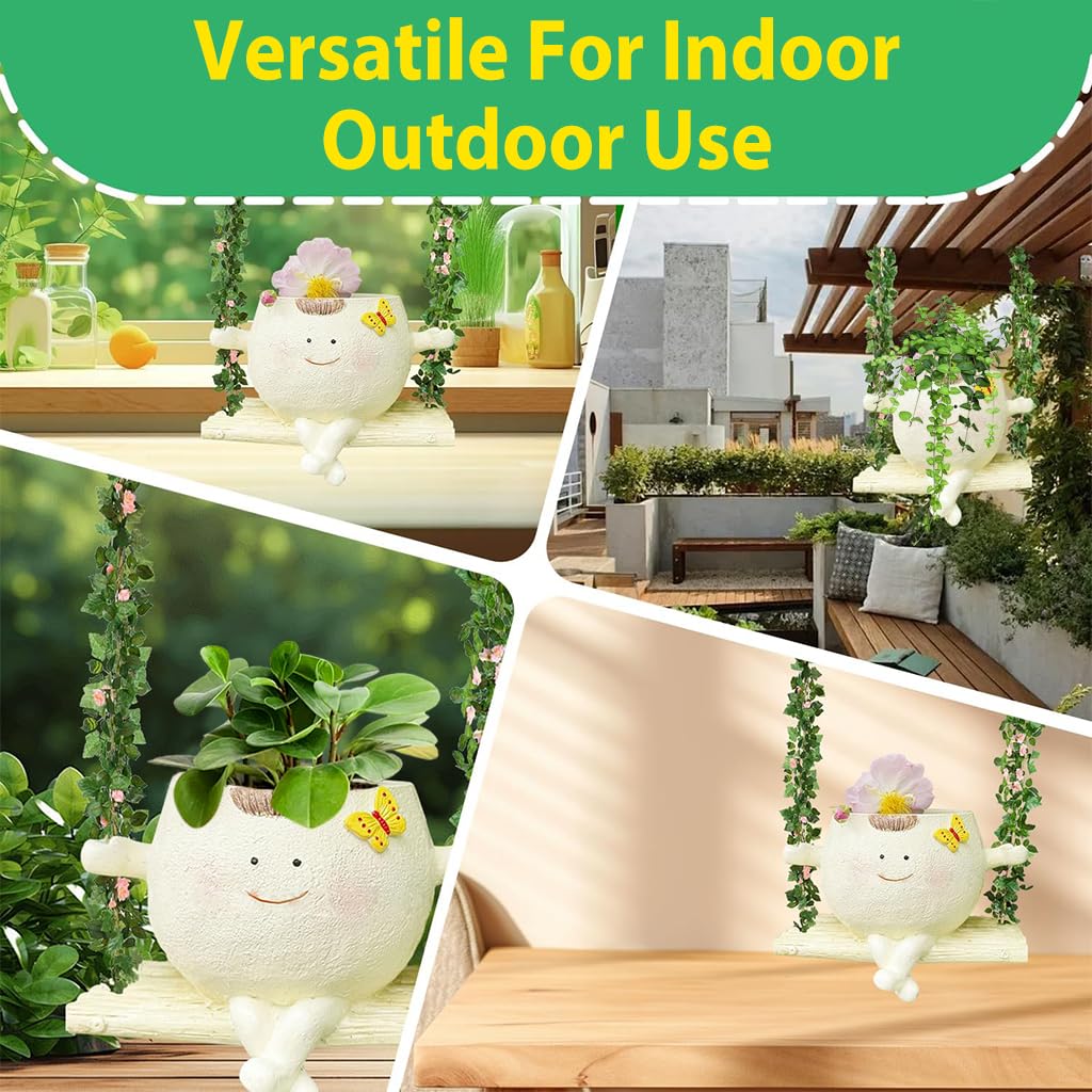 HASTHIP Swing Hanging Flower Pot for Indoor and Outdoor Plants with Eco Hemp Rope | 13.5x9x9 cm Resin Planter for Succulents and Herbs