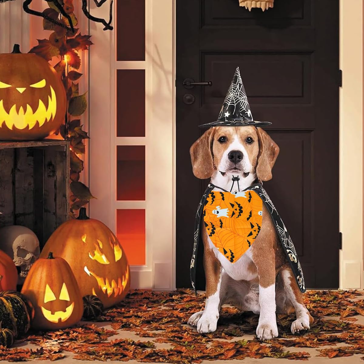 Qpets Halloween Dog Bandanas for Festive Parties with Pumpkin and Ghost Prints | 2Pack Adjustable Polyester Scarves for Small Medium Dogs