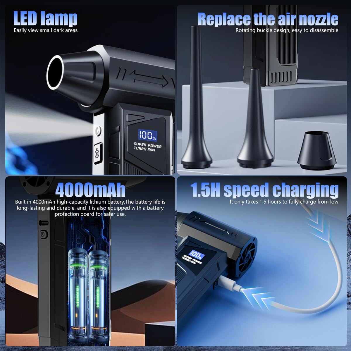 ZORBES Cordless Air Duster for PC and Car Cleaning with 11000RPM Motor & 4 Speeds | LED Light