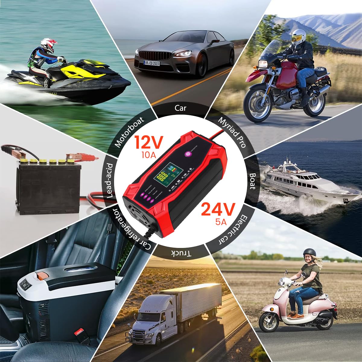 ZORBES Car Battery Charger for 12V and 24V Lead Acid Batteries with LCD Display | 10A Smart Automatic Charging and Battery Repair Mode