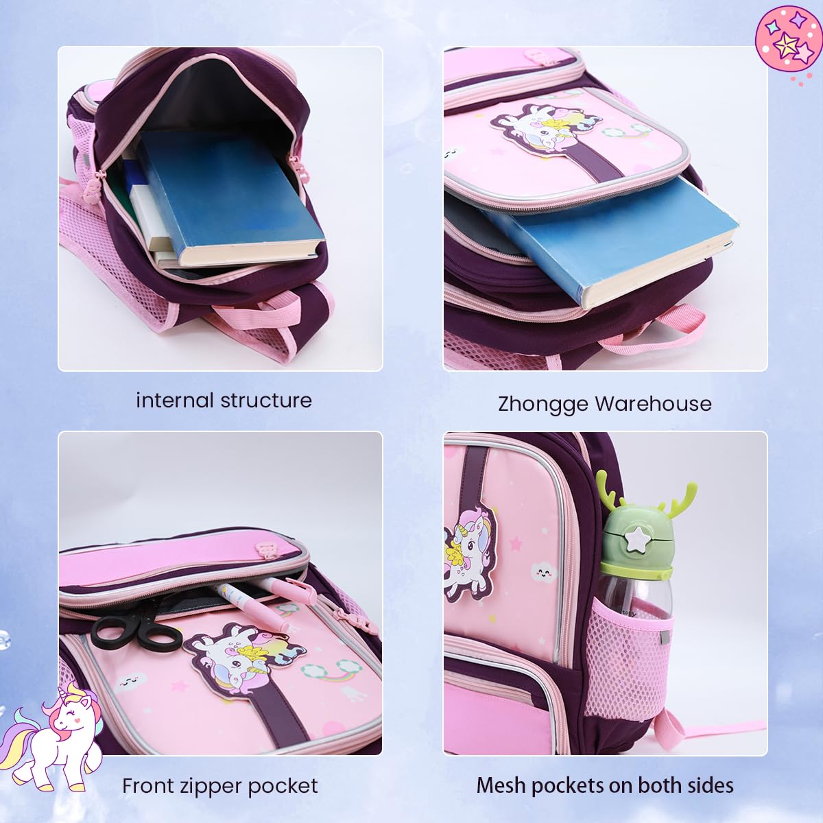 PALAY® Unicorn Bags for Girls Kids Cartoon Print Lightweight Backpack for School, Travel, Camping, Burden-relief School Bag For Girls 3-7 Years Old