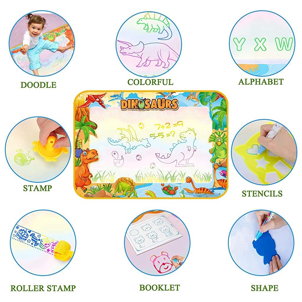 [Second-hand]PATPAT@ Water Doodle Mat 100 * 75CM Large Water Drawing Mat, Drawing Painting Mat with Water Doodle Pens Drawing Painting Stencils, Educational Toy Toddlers (Sage 3)
