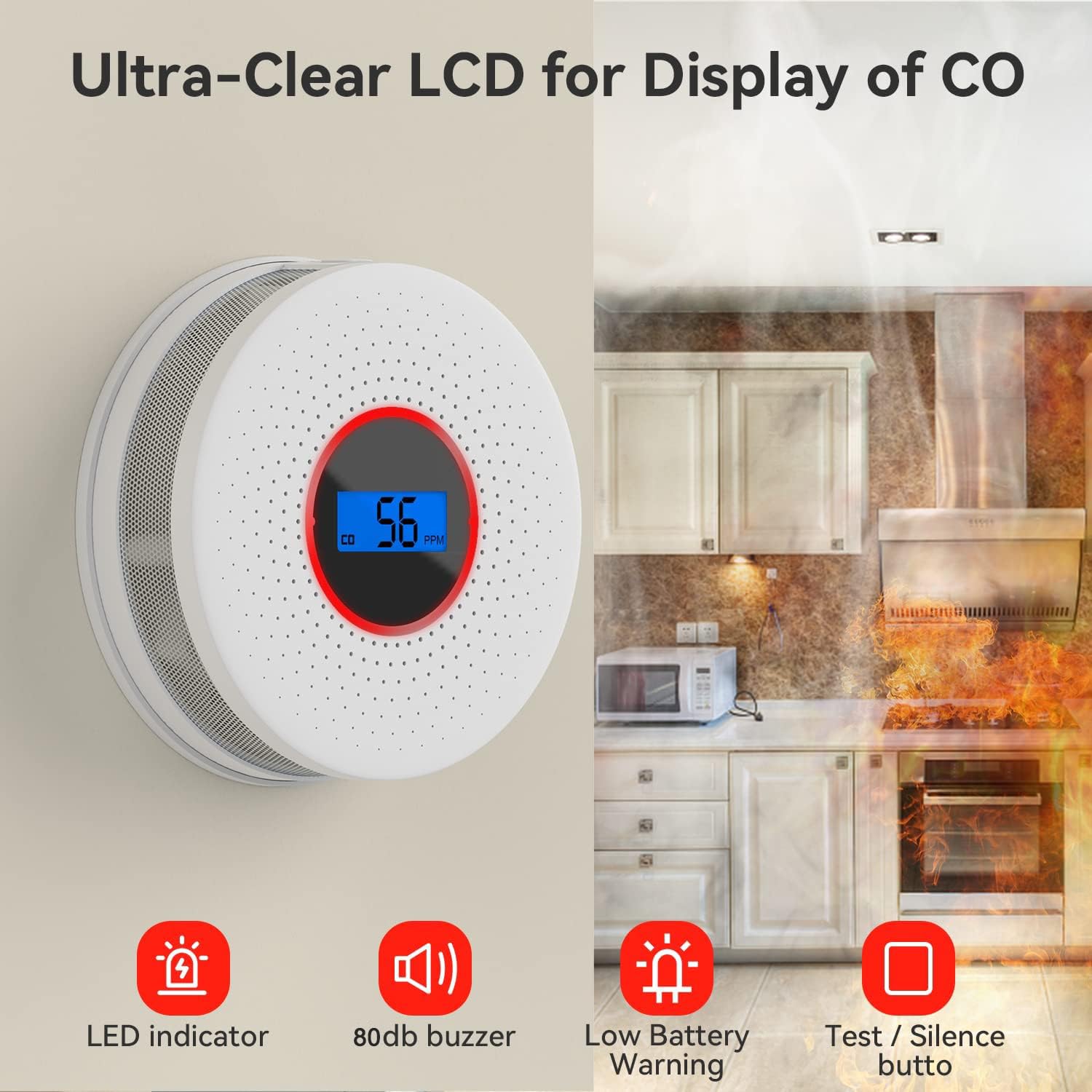 HASTHIP Smoke and Carbon Monoxide Detector with Dual Sensor 80db Alarm and LCD Display | Battery Operated Home Safety