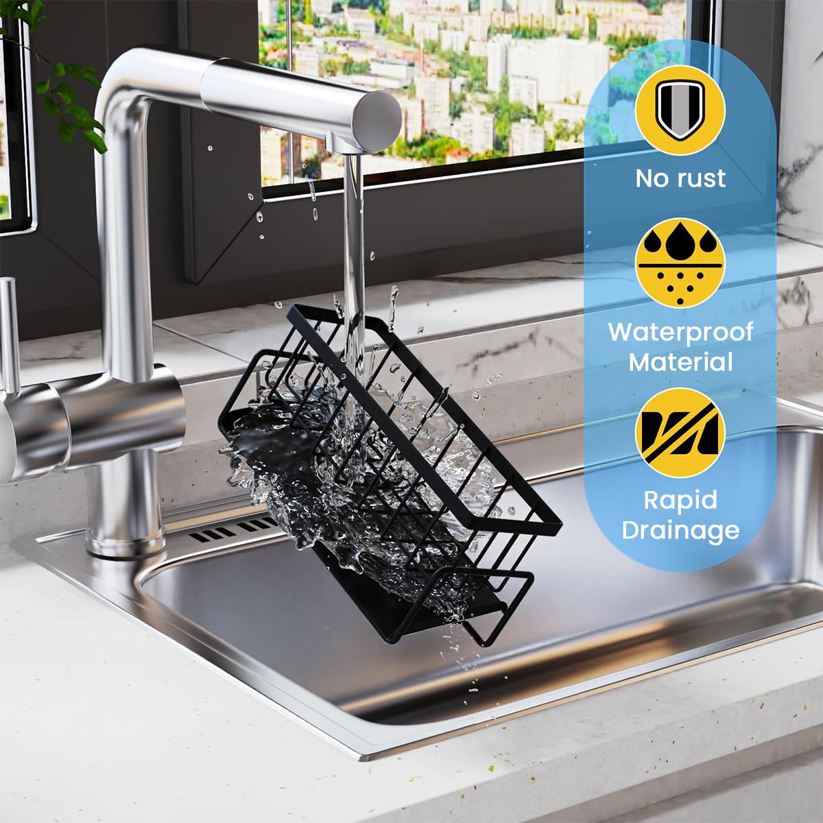 Supvox Kitchen Sink Organizer with Sloped Drain Tray and Rag Rack | Rustproof SUS304 Stainless Steel Holder for Sponges and Brushes