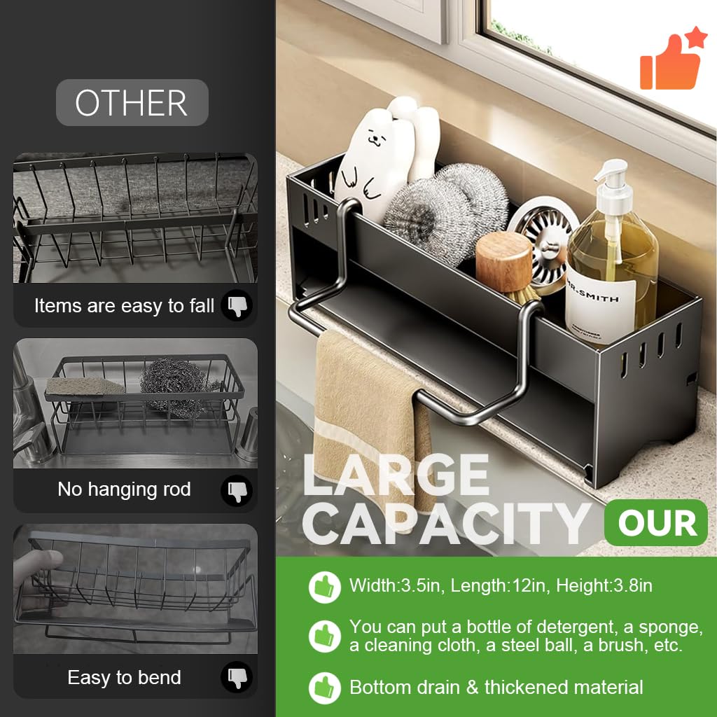 HASTHIP Metal Sponge Holder for Kitchen Sink with Water Guiding Panel & Towel Bar | 30.5x9.6x9 cm Stainless Steel Organizer