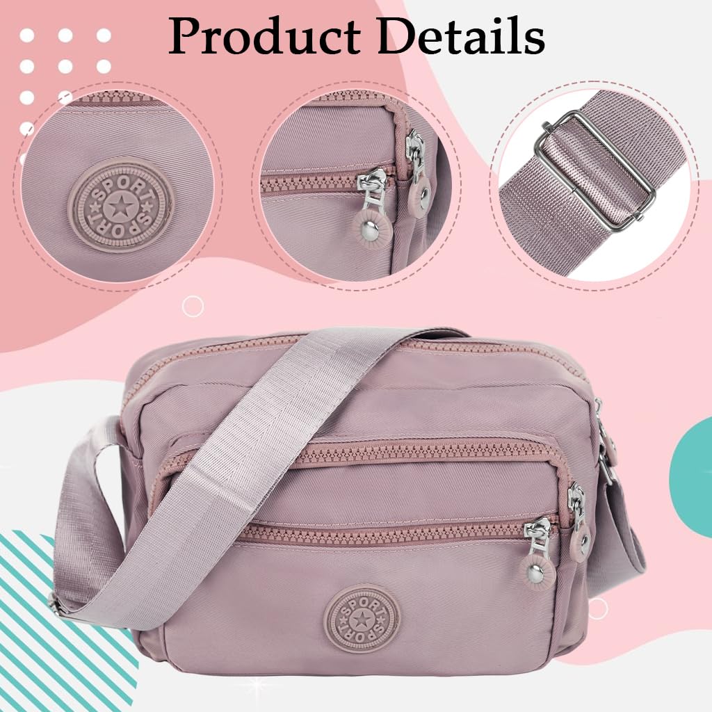 Zibuyu Womens Crossbody Bag for Travel with Multi Pocket Design and Waterproof Nylon | Pink
