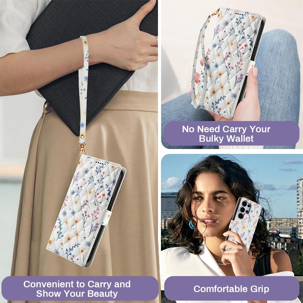 ZORBES Phone Case for Samsung S25 Ultra with Magnetic Flip Closure and Card Slots | Floral Quilted PU Design with Folding Stand and Wristlet White
