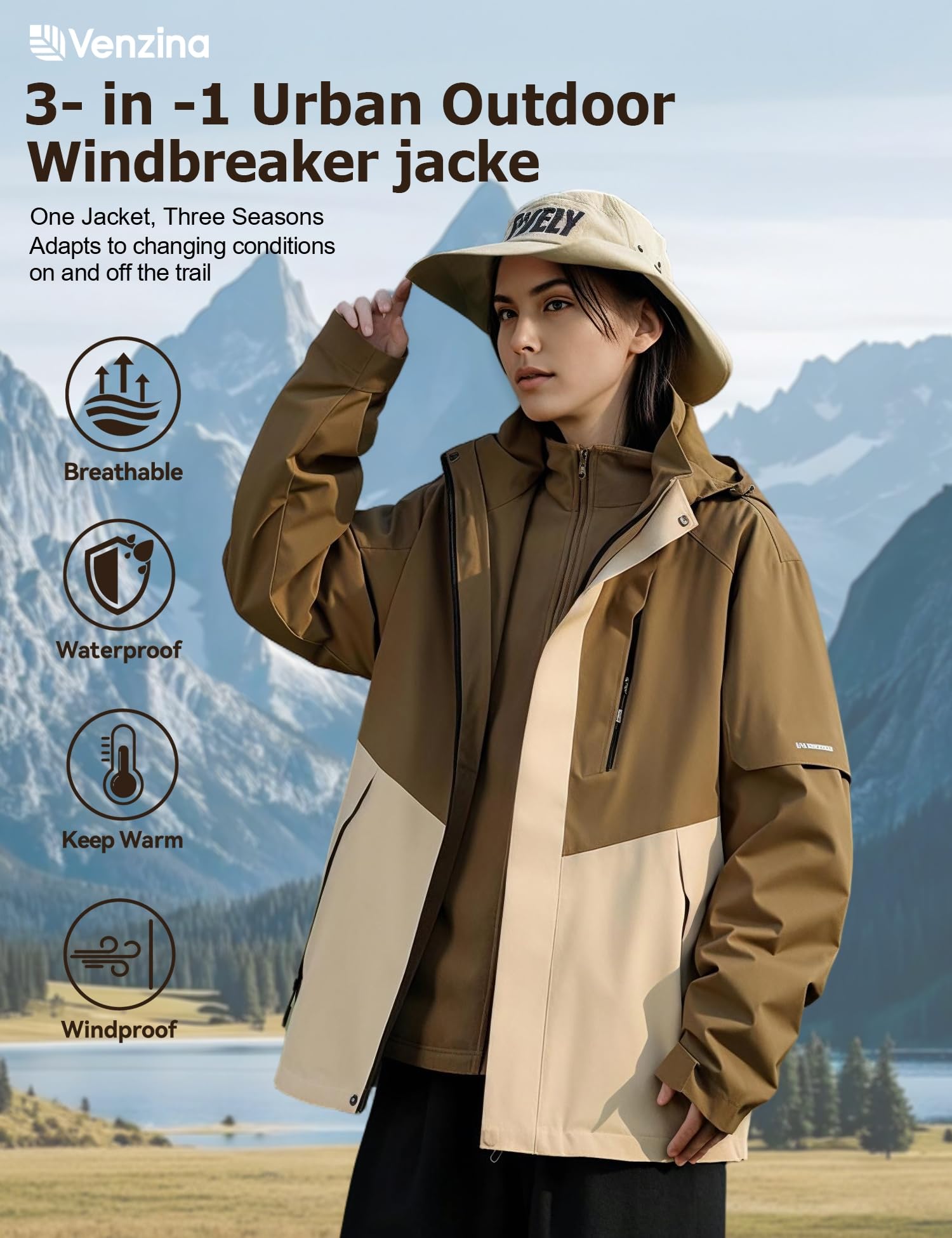 Venzina Women’s 3 in 1 Waterproof Jacket for Winter Hiking with Detachable Fleece Liner | Army Brown