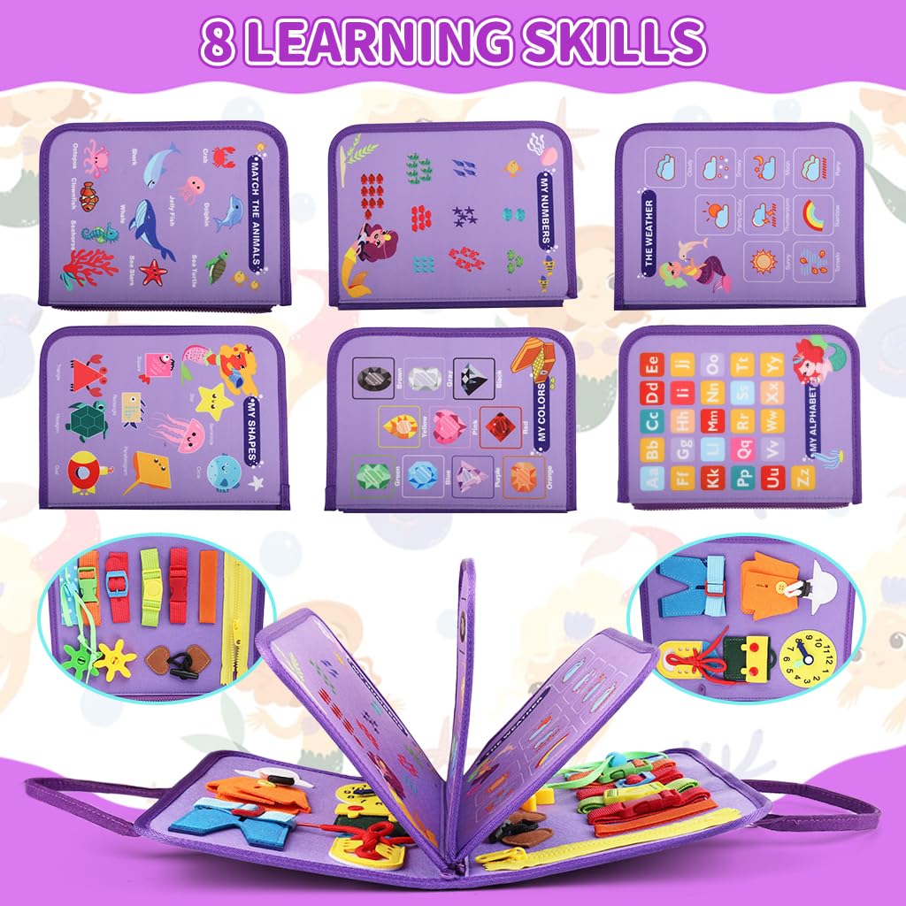 SNOWIE SOFT Mermaid Busy Board for Toddlers 1-3 with 8 Activity Pages and Folding Handbag Design