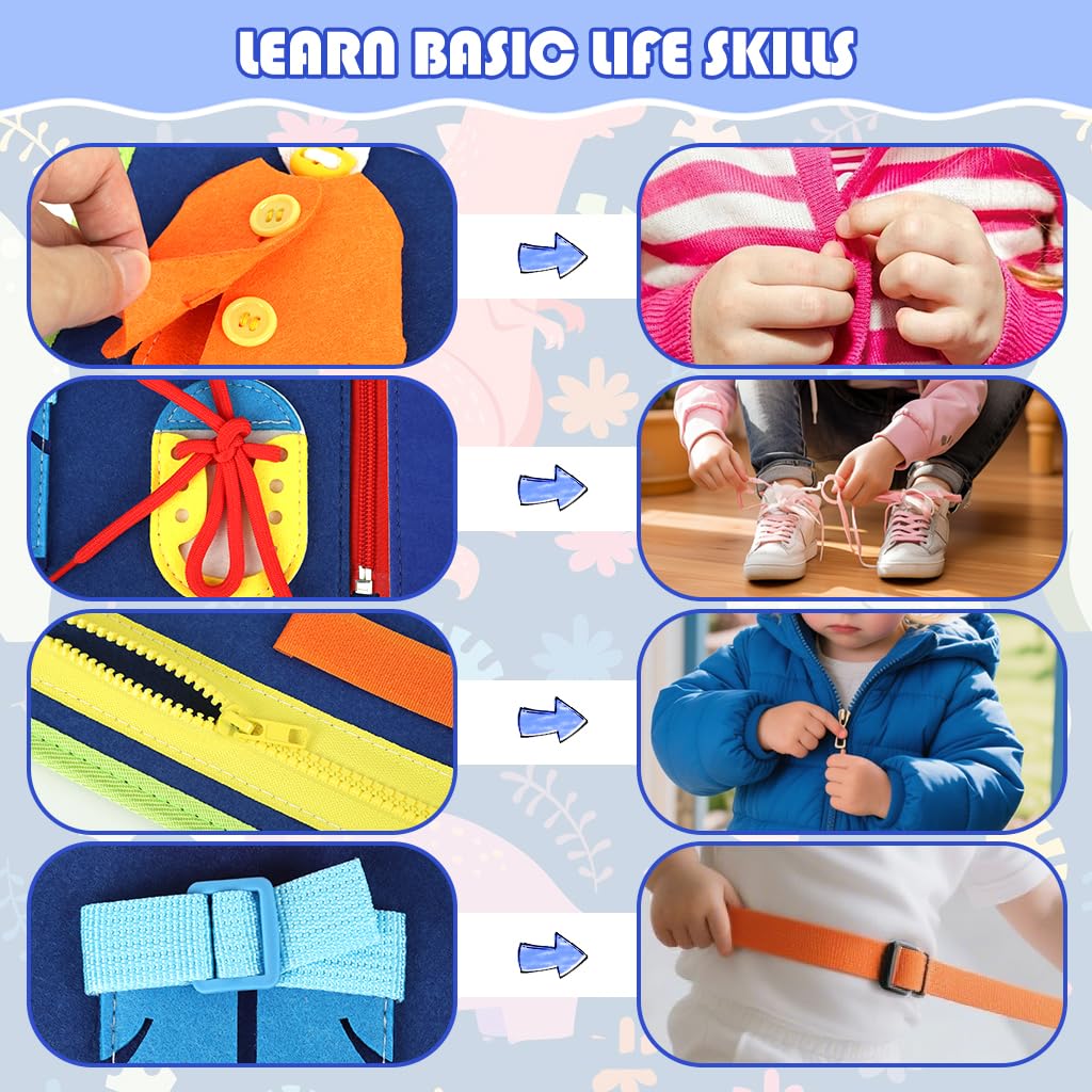 SNOWIE SOFT Dinosaur Busy Board for Toddlers 1-3 with Felt Pages and Handbag Design | Montessori Travel Toy for Quiet Learning