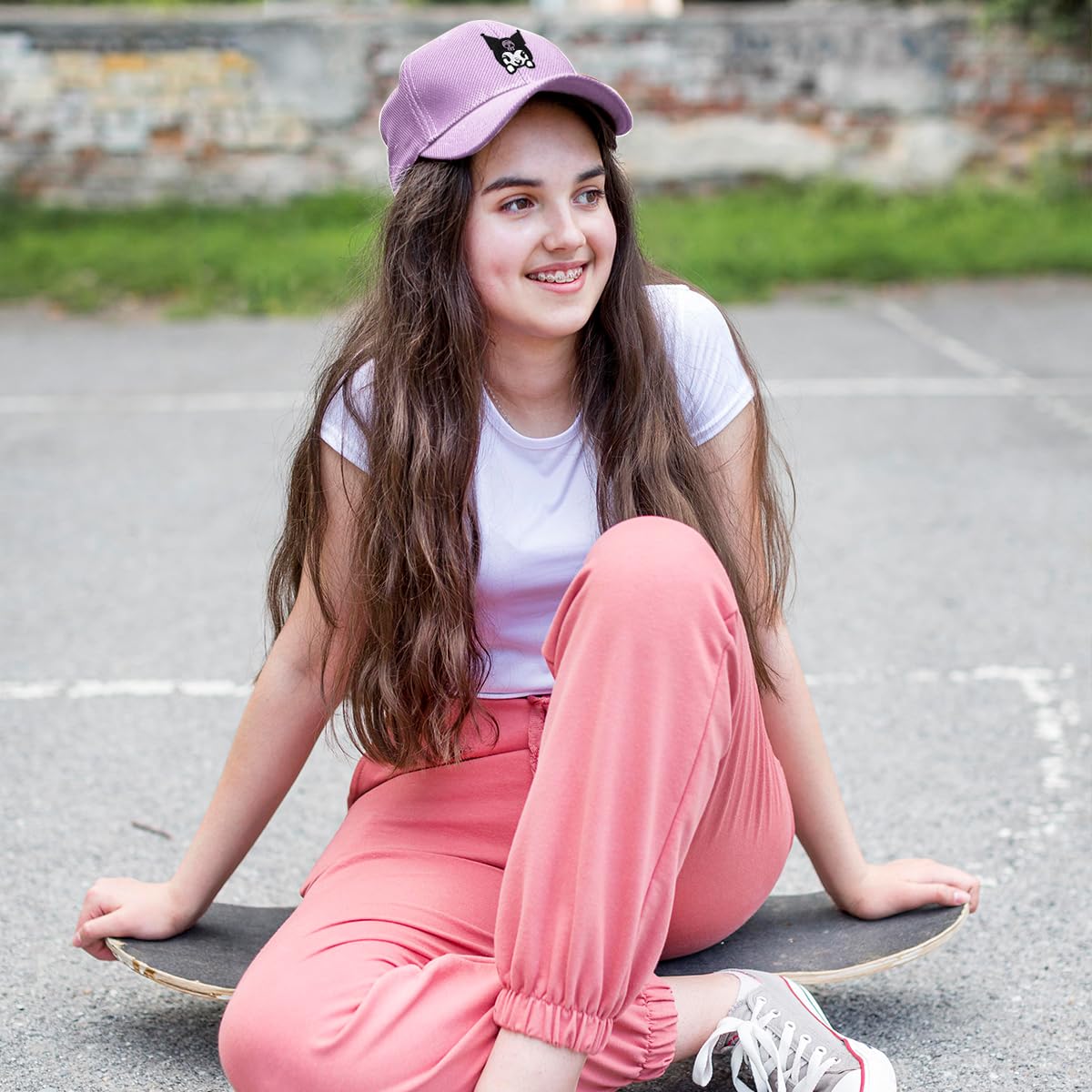 SNOWIE Soft Hat for Girls with Wide Brim Sun Protection and Adjustable 48–54cm Fit | Breathable Cotton Kuromi Embroidery Cap for Kids 2–8 Years