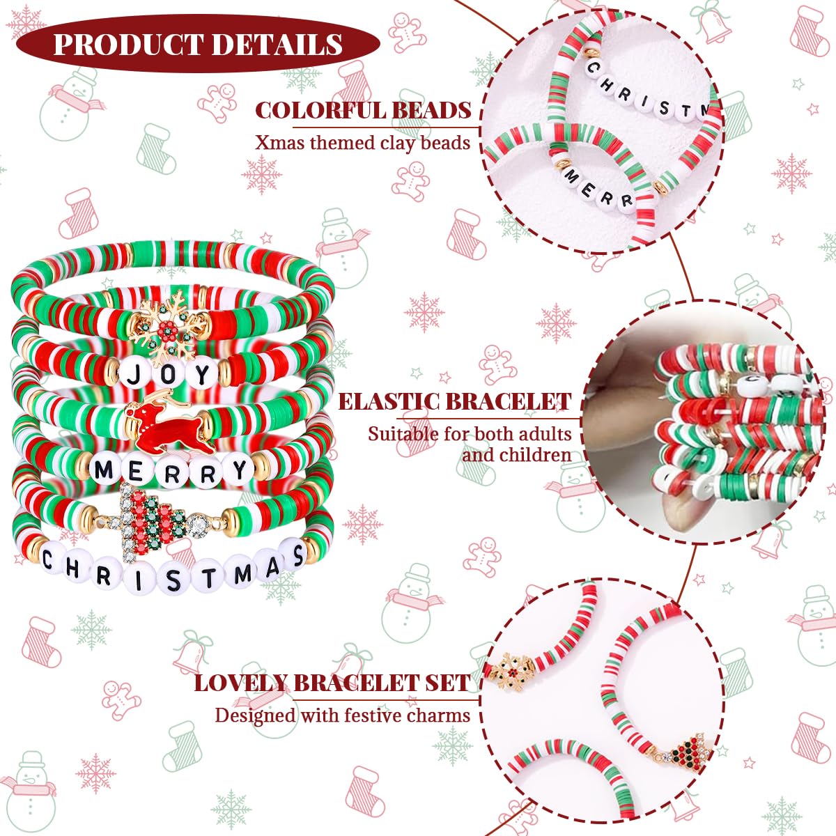 SANNIDHI Christmas Bracelets Set of 6Pcs with Colorful Clay Beads for Sisters and Girls | Festive Jewelry Gift