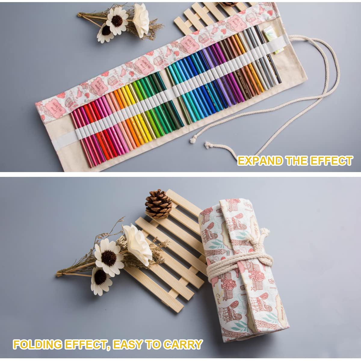 HASTHIP Canvas Pencil Wrap Case for Sketching with 48 Slots and Roll Up Design | Gift for Students