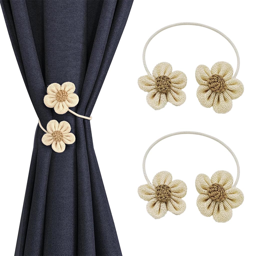 HASTHIP® 2Pcs Flower Curtain Tiebacks Decorative Cotton Linen Flower Flexible Curtain Tiebacks Drape Tiebacks Flexible Metal Wire Curtain Tiebacks Non Slip Curtain Tiebacks for Heavy Drapes