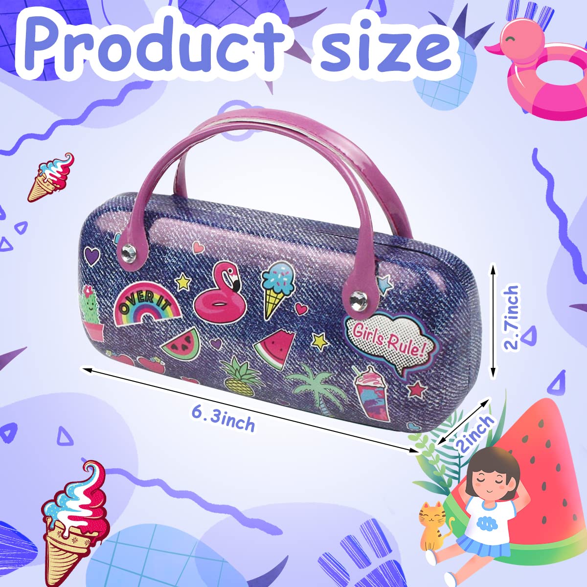 PALAY® Kids Glasses Organizer Case Color Sticker Print Goggles Organizer Box for Kids, Handbag Style Sunglasses Organizer Box for Kids Waterproof PU Hard Case Eyewear Organizer Gift for Girl