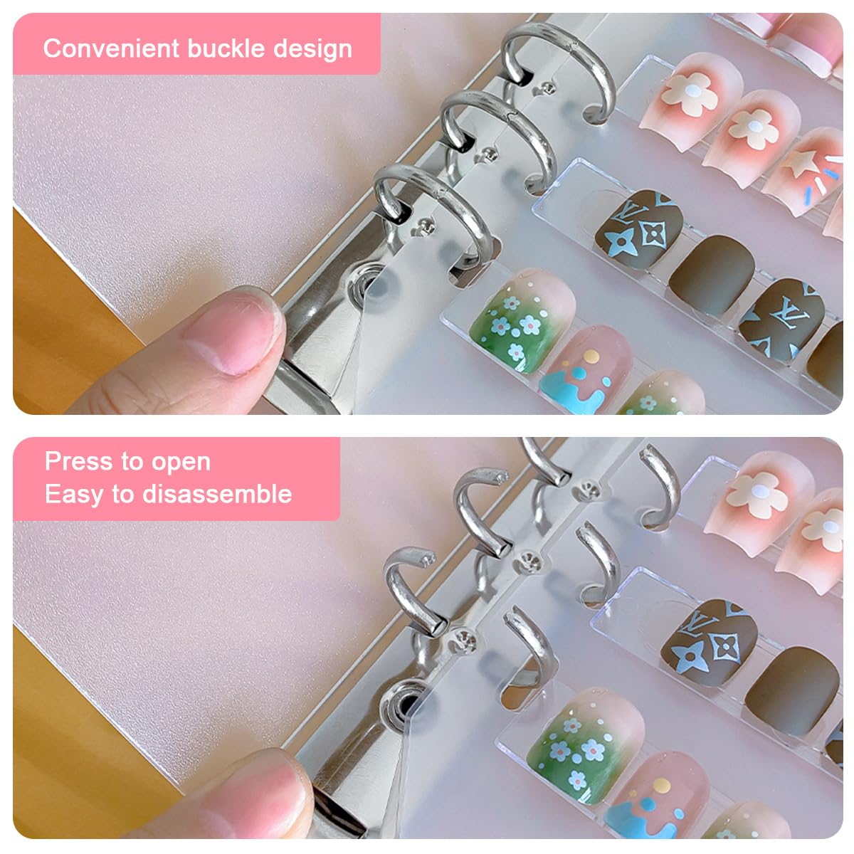 MAYCREATE Press On Nail Organizer with 10 Reusable Sheets and Snap Button Closure | Portable Storage Book for Nail Display