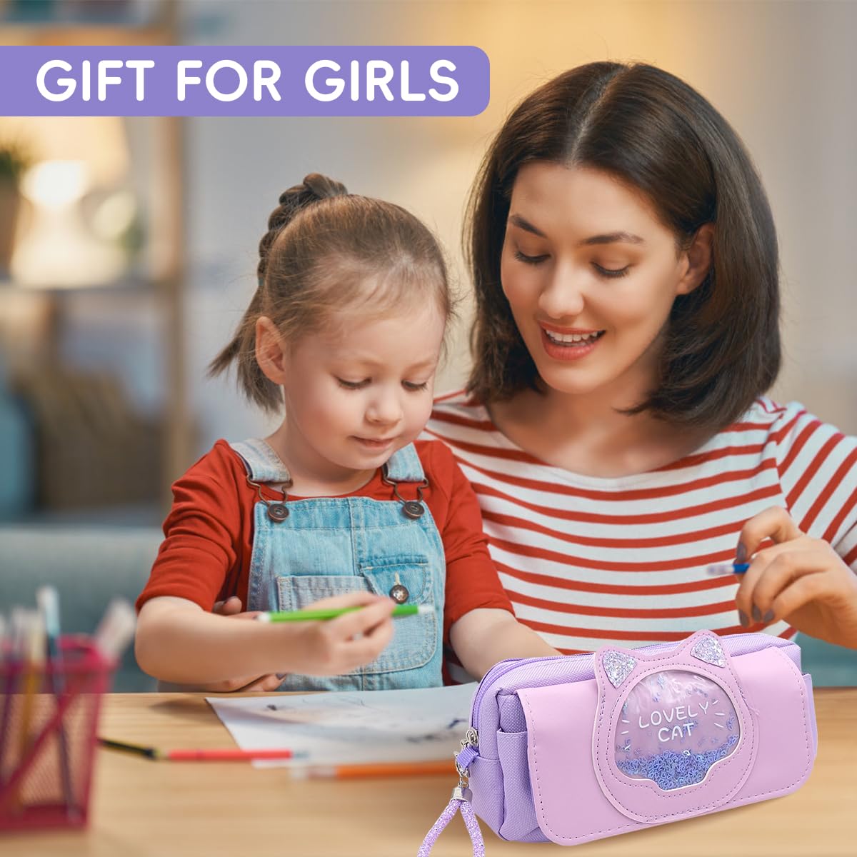 Zibuyu Pencil Pouch for Schoolgirls with Double Layer Zipper and Cute Purple Kitty Design