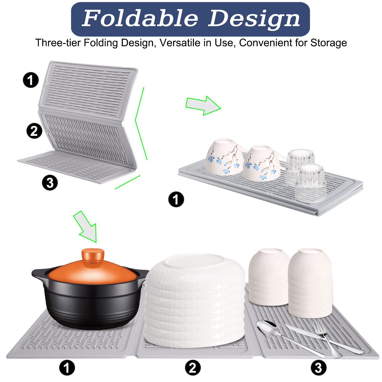 Supvox Silicone Dish Drying Mat for Kitchen Utensils 24 x 13 featuring Collapsible Trifold Design