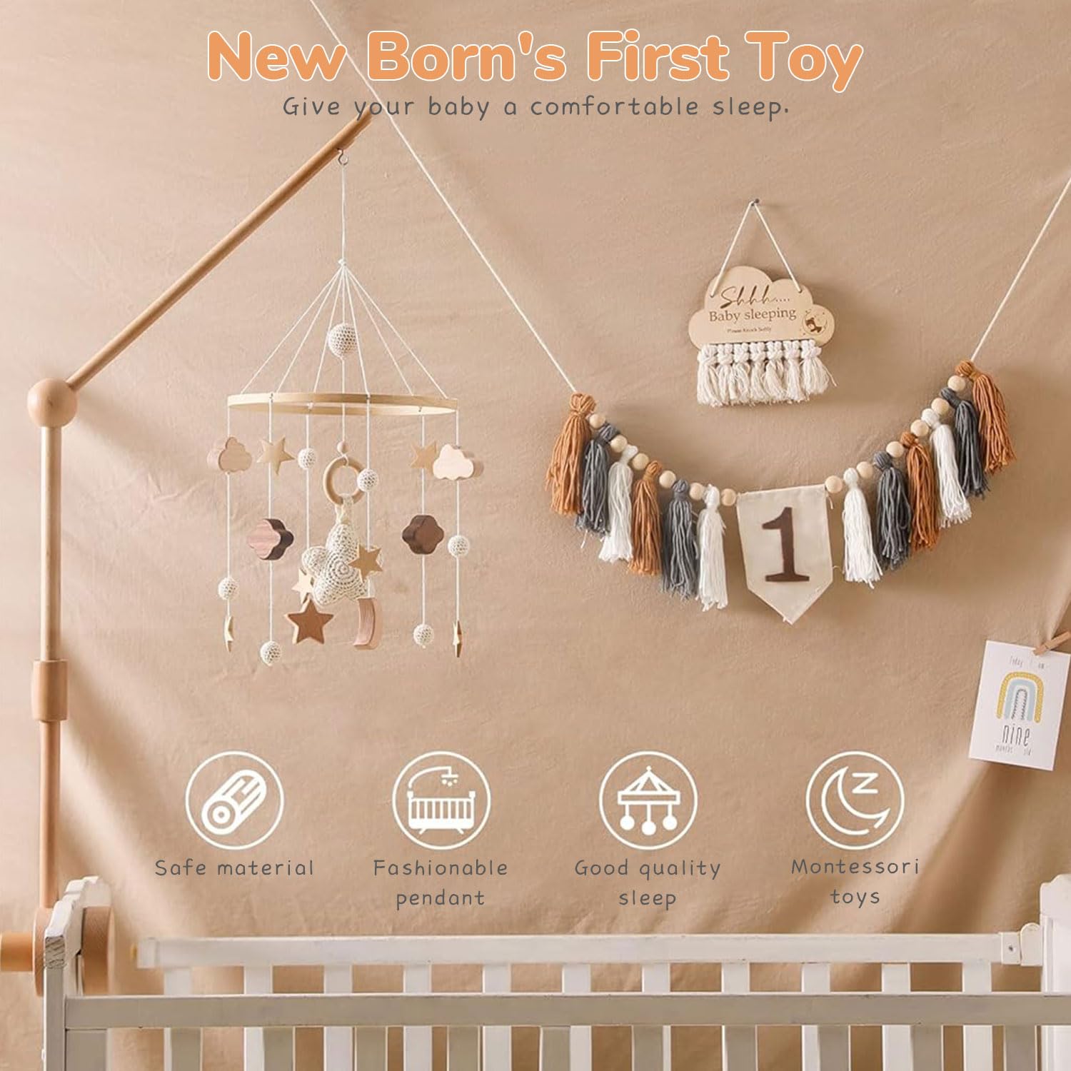 SNOWIE SOFT Baby Crib Hanging Toy with Wooden Charms for Nursery Decor and Soothing Calm