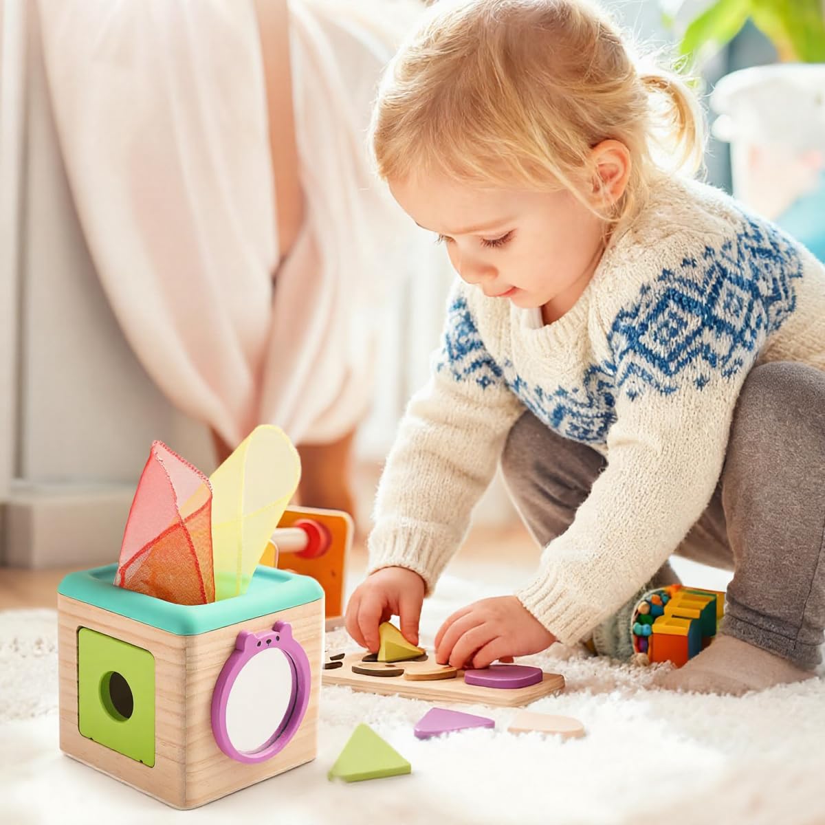 PATPAT Wooden Tissue Box Baby Toy for Sensory Play with 8 Sheer Tissues and Mirror | Montessori Learning