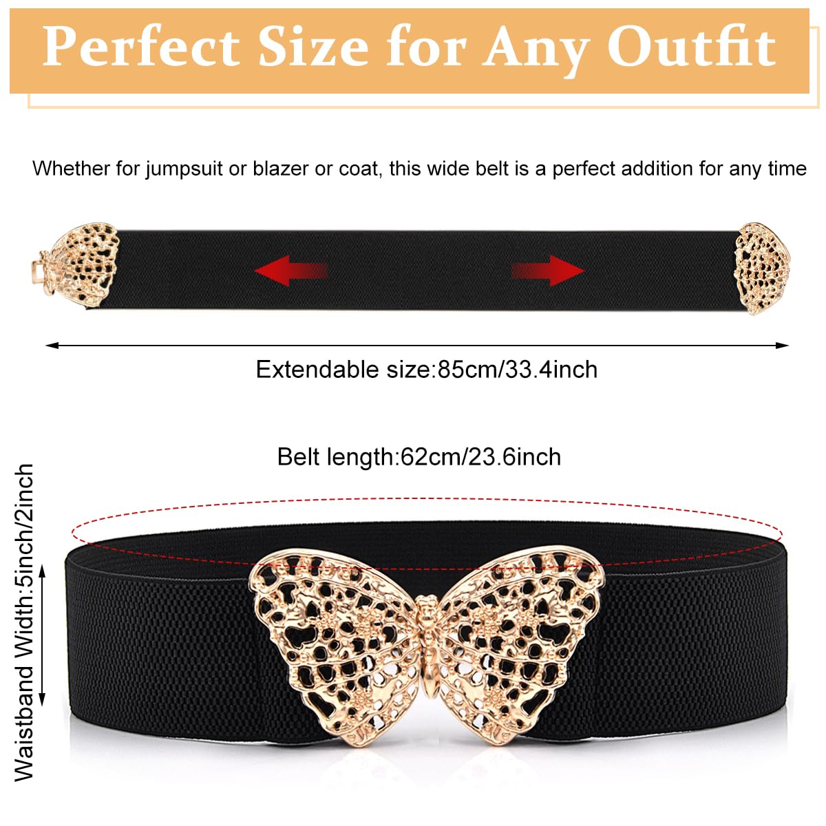 PALAY® Waist Belt for Women Wide Elastic Black Belt for Women Dresses Fashion Metal Butterfly Interlock Buckle Stretchy Ladies Belt