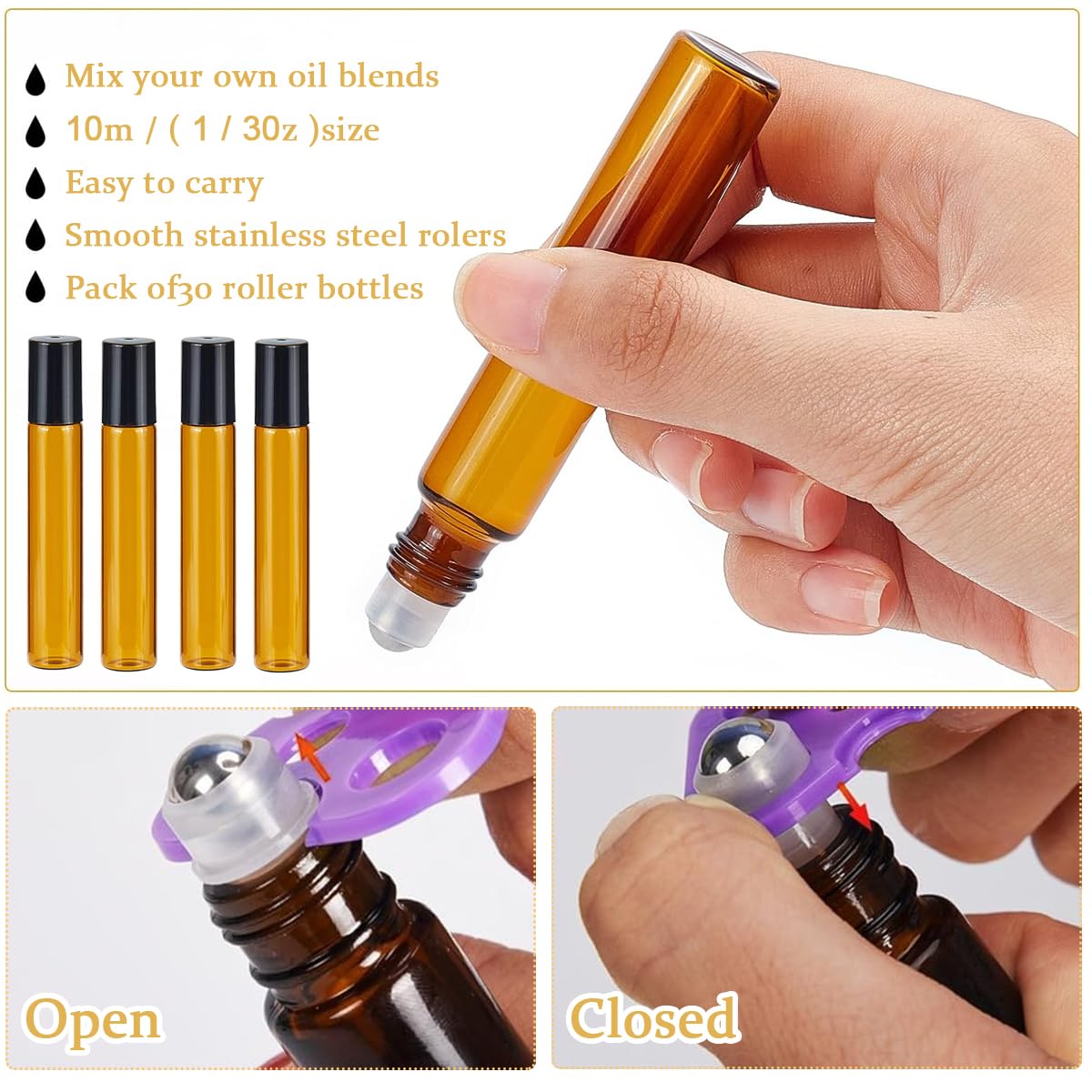 MAYCREATE® 15Pcs Glass Roller Bottles with Cap Stainless Steel Roller Bead Glass Roller Bottle 10ml Travel Bottles for Coconut oil, Jojoba Oil, Sweet Almond Oil, With Funnel & Cap Opener Tool